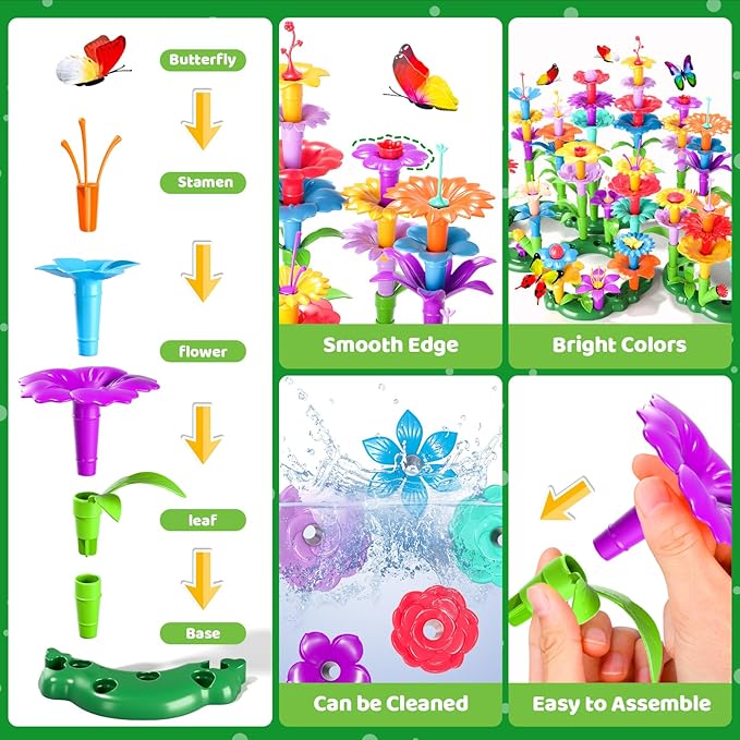 Doloowee 184Pcs Flower Garden Building Toys for Girls 3 4 5 6 7 Year Old, Upgrade DIY Building Stacking Toys, STEM Preschool Educational Toddler Toys Brain Development Kindergarten Kids Toy