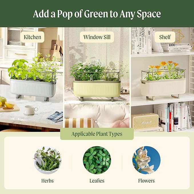 Vego Garden Herb Indoor Plant Box, Self Watering Planters Pots for Indoor Plants with Trellis for Kitchen Window Sill or Countertop Plants Cage - Fog Gray