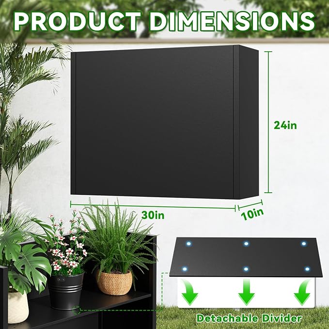 POOAMY Metal Planter, 30L x 10W x 24H, Heavy Duty Tall Planters for Outdoor Plants, Black Planters with Removable Insert Shelf, Large Planters with Drainage Holes for Porch, Patio and Yard, Black