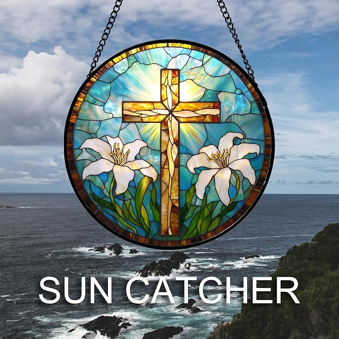 JOSUMALY Christian Gifts for Women - Cross Stained Glass Window Hanging Jesus Easter White Lily Flower Sun Catcher Garden Religion Decor Mother's Day Catholic Gift for Men Grandma Mom Her Nana 6.3"