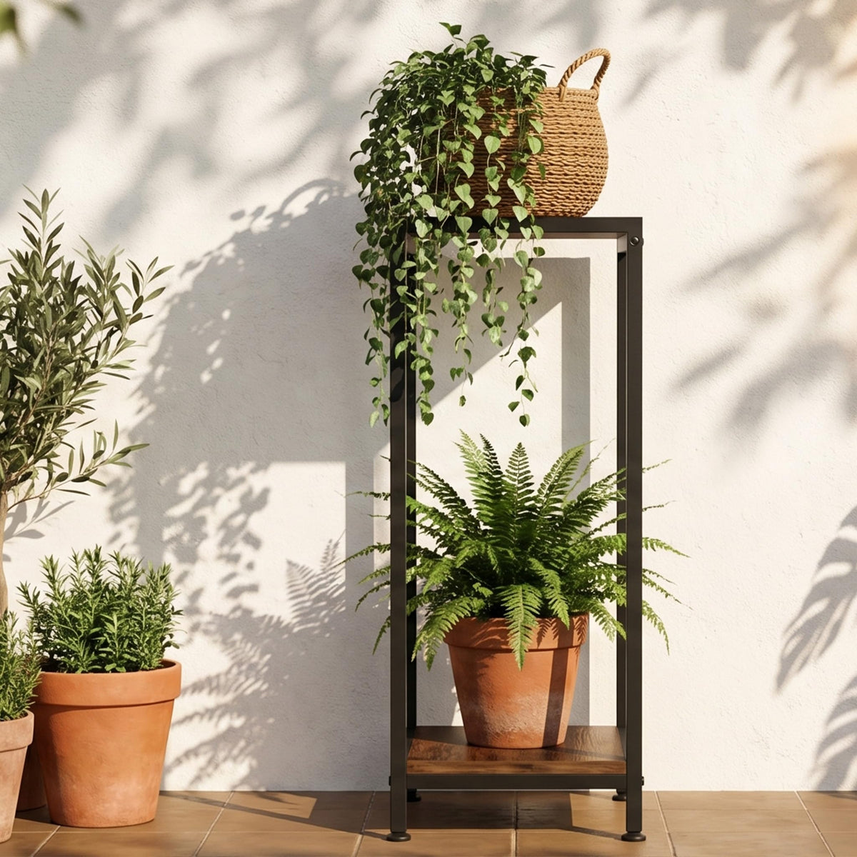 TOSKING 2-Tier Tall Wood Plant Stand Indoor, 30-Inch Shelf, Brown & Black