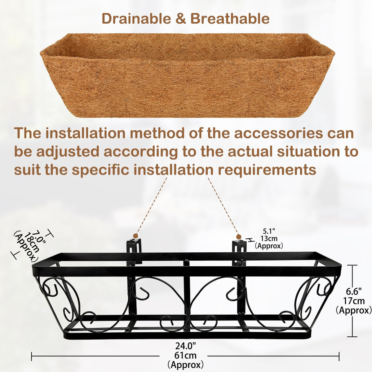 24 Inch Window Box Planter with Adjustable Brackets for Hanging Plants