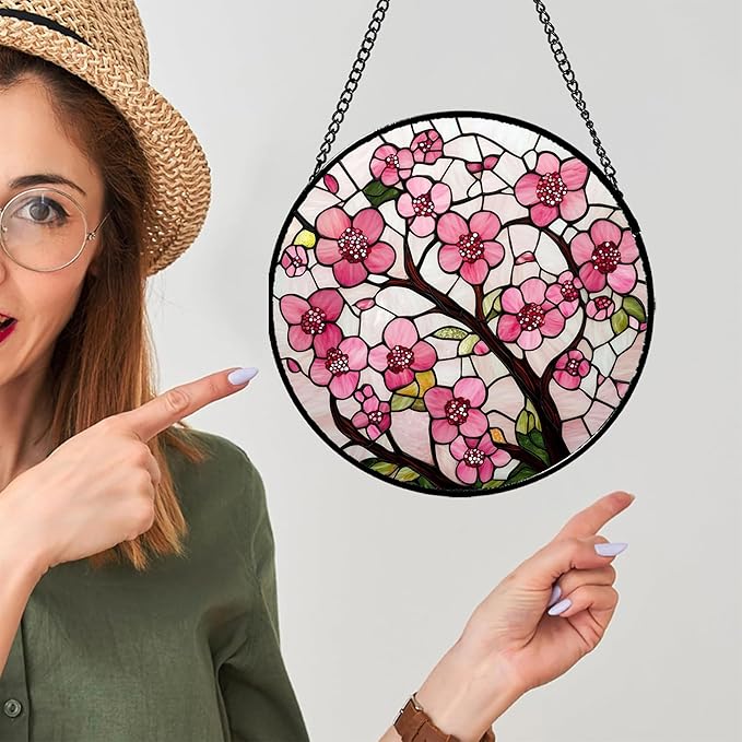 Stained Glass Window Hanging - Cherry Blossoms Birth Flower Suncatcher for Door Garden Patio Sun Catchers Decor Christmas Mother's Day Birthday Gifts for Women Mom Nana Friend Wife 6.3 in