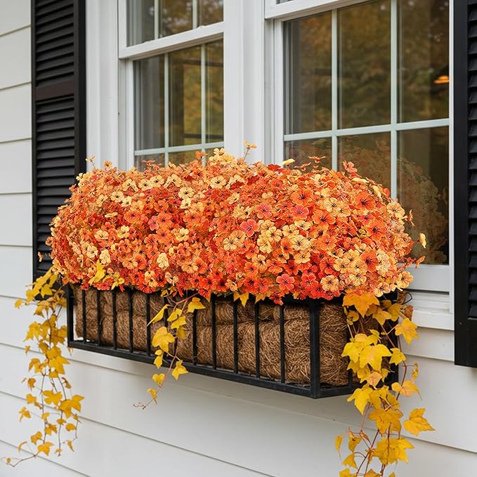 AmyHomie 16 Bundles Fall Orange Yellow Artificial Flowers for Outdoor Fall Decor UV Resistant Faux Flowers No Fade Fake Plastic Plants Garden Porch Window Box Decorating