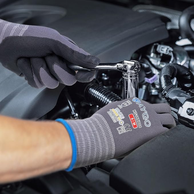 KAYGO Safety Work Gloves MicroFoam Nitrile Coated-3 Pairs, KG18NB,Seamless Knit Nylon Glove with Black Micro-Foam Nitrile Grip,Ideal for General Purpose,Automotive,Home Improvement,Red large