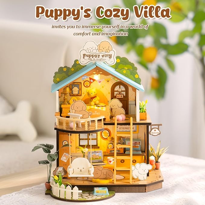 ROBOTIME DIY Miniature House Kit, Mini Wooden Dollhouse Diorama Model, Tiny House Building Kits,Birthday Christmas Craft Hobbies Gift for Teens Kids and Friends（Puppy's Cozy Villa）