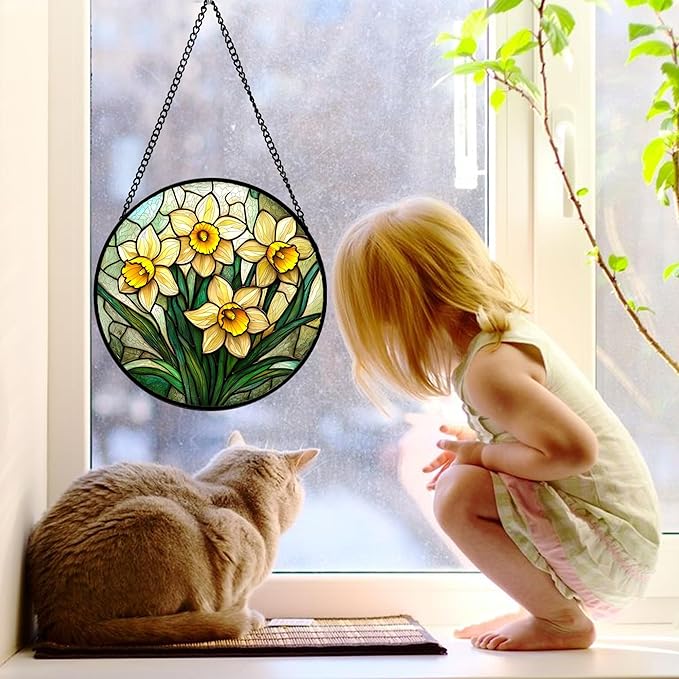 DASTOLL Stained Glass Window Hanging, Daffodil Plant Flowers Sun Catchers Diamond Glass Panel Hangings Suncatcher Decor for Birthday for Women, Men, Wife, Aunt, and Mom 11.8x11.8 in