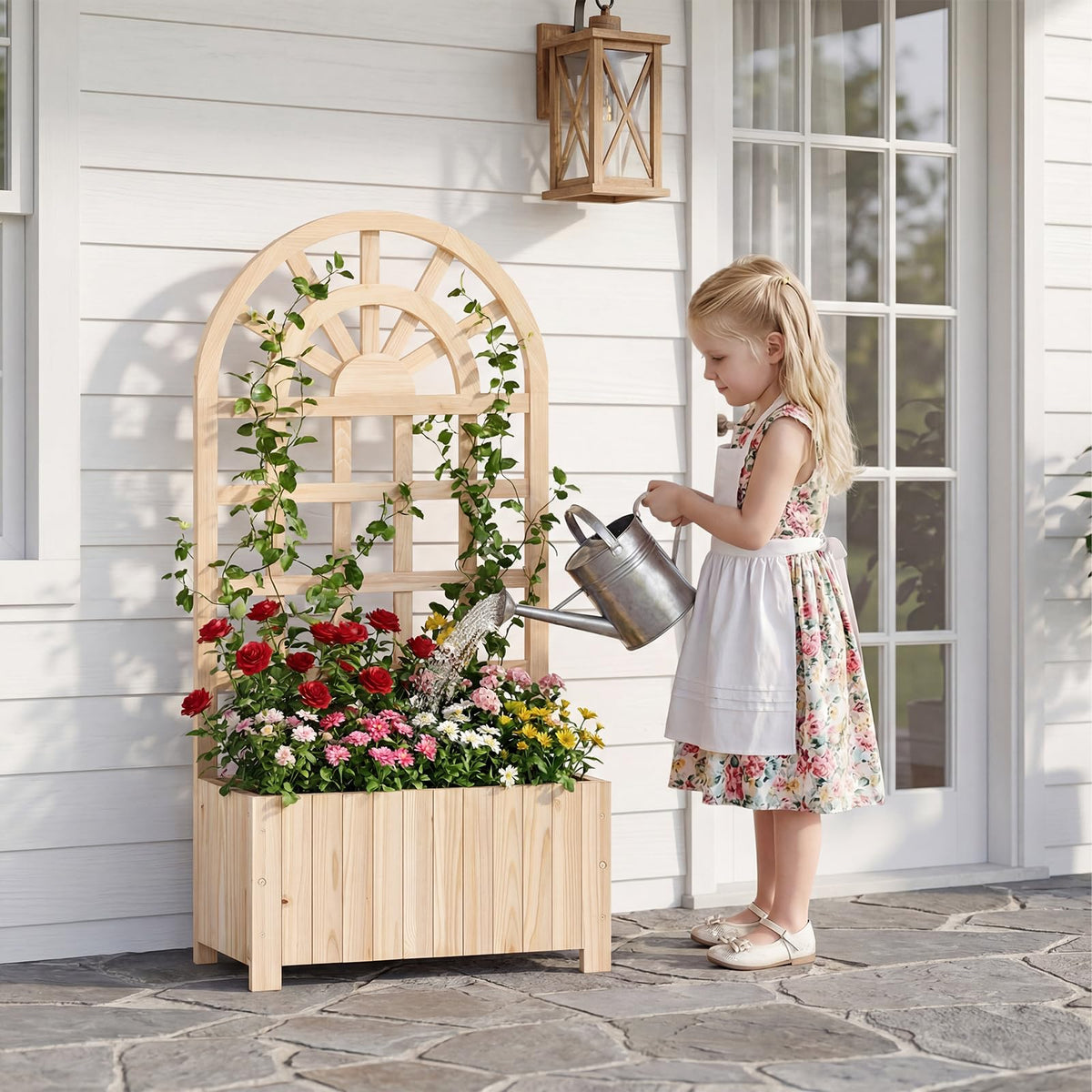Happygrill Wooden Raised Garden Bed with Trellis & Privacy Screen
