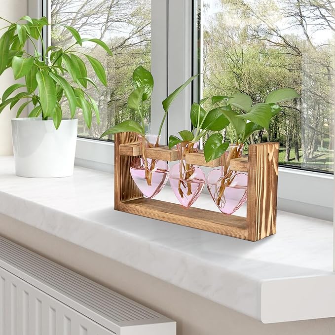 Plant Terrarium Propagation Stations Hydroponics Home Garden Decoration Gift for Women with Wooden Stand Heart Shaped Colored Glass Vase
