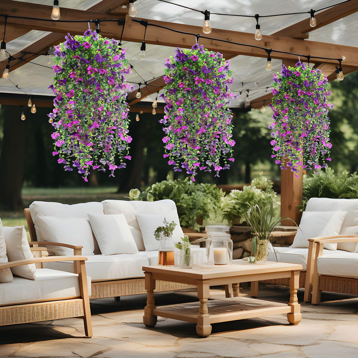 FineCheer 6 Pcs Fall Artificial Hanging Flowers Outdoor, Purple
