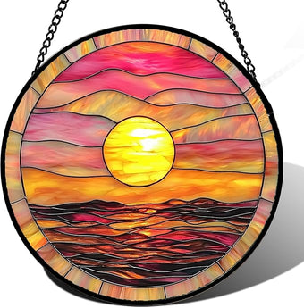 Stained Glass Window Hanging, Sunrise Sea Surface Sun Catchers Diamond Glass Panel Hangings Abstract Suncatcher Decor for Birthday for Women, Men, Wife, Aunt, and Mom 14.9 in