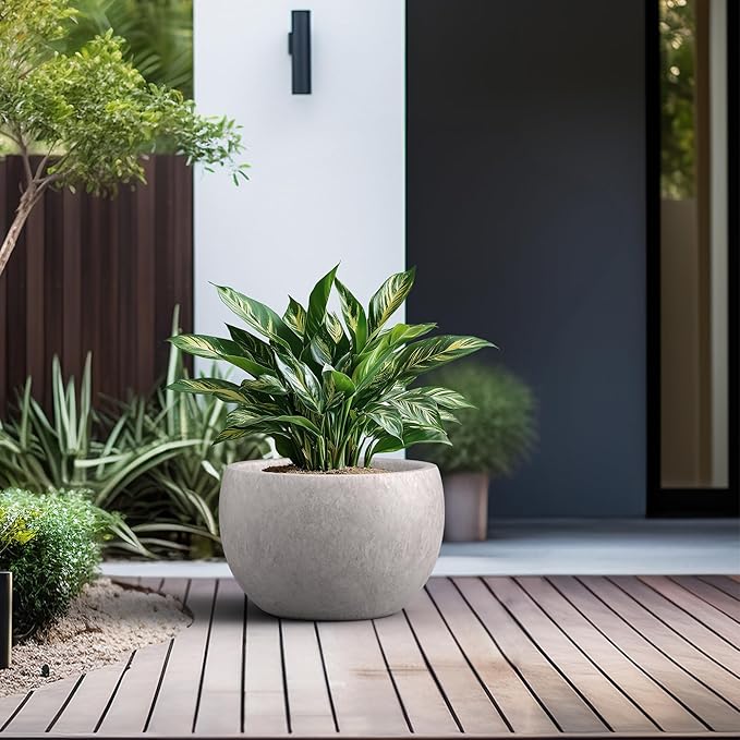 Kante 15.7" Dia Round Concrete Planter, Outdoor/Indoor Large Bowl Plant Pots with Drainage Hole and Rubber Plug for Garden Patio Balcony Home, Light Gray