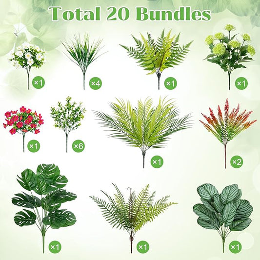 20 Pcs Artificial Plants Outdoor Fake UV Resistant Artificial Flowers Greenery Stems Boston Fern Faux Shrubs Plastic Plants for Garden Porch Planter Window Box Home Decor