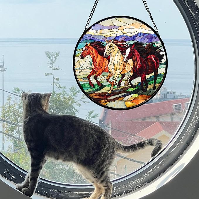 AMDERVEN Stained Glass Window Hanging, Galloping Horses Sun Catcher for Door Home Decor Colorful Suncatcher Christmas Mother's Day Birthday Gifts for Women Men Mom and Nana 7.8 in