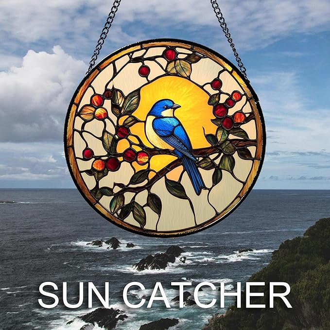 Stained Glass Window Hanging Blue Bird On A Branch Large 11.8" - Retro Suncatcher Door Garden Sunroom Sun Catcher Home Decor Birthday Christmas for Mom Men Woman Nana
