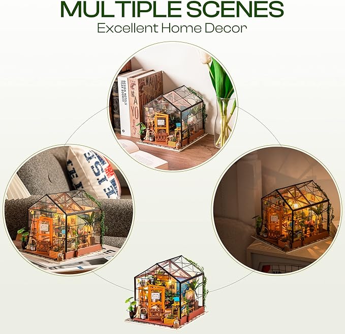 ROBOTIME DIY Miniature House Kit Mini Green House Tiny Dollhouse Wooden Furniture Kit with LED Halloween/Christmas/Birthday Gifts for Adults (Cathy's Greenhouse)