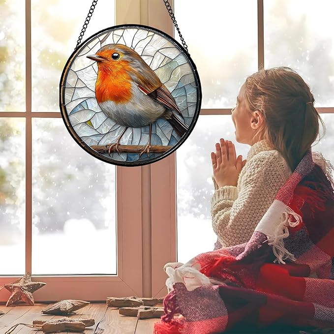AMDERVEN Stained Glass Window Hanging - Orange Grey Robin Sun Catcher for Door Garden Home Decor Bird Lovers Suncatcher Christmas Mother's Day Birthday Gifts for Women Men Mom Nana 11.8 in