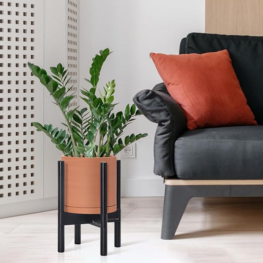 D'vine Dev Terracotta Planter with Ebony Stand - 8 Inch Modern Round Flower Pot with Wood Planter Holder, Terracotta, 55-B-M-5