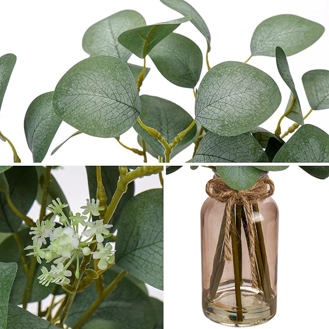 Briful Artificial Eucalyptus Stems in Teal Glass Vase with Faux Water, 14" Fake Plant Eucalyptus Leaves for Home Farmhouse Wedding Centerpiece Bathroom Décor