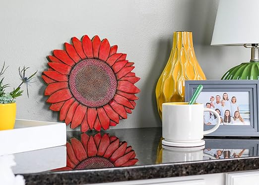 NAT & Jules Sunflower Shaped Dimensional Indoor Outdoor 12 inch Cast Resin Decorative Garden Stepping Stone, Patio, Walkway Sculpture Yard Art, Red