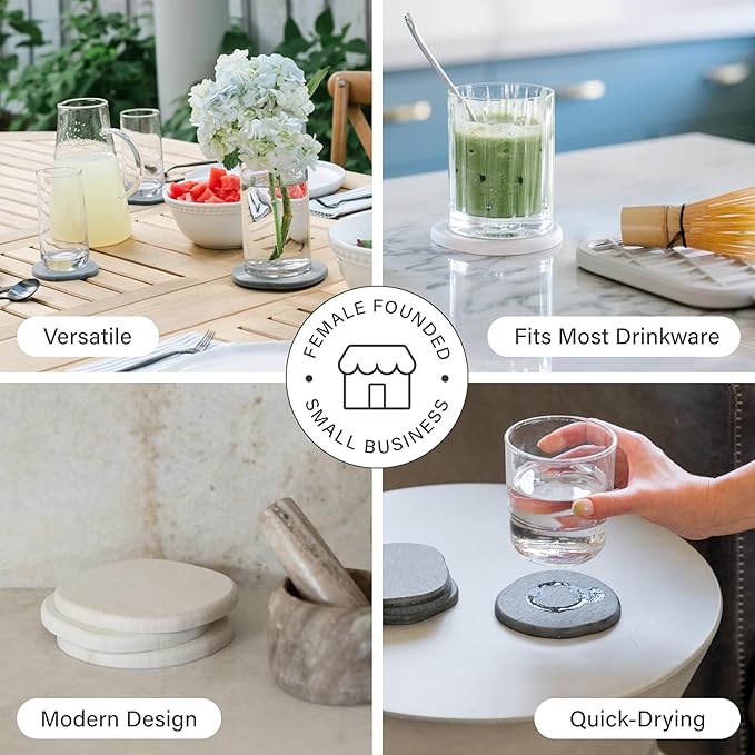 Dorai Home Stone Coaster Set – 4 Absorbent Diatomite Coasters for Instant Drying, Modern Design, Slate Stone