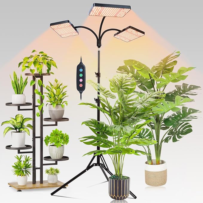 3-Head Grow Light with Stand 75W, FECiDA 2025 Grow Lights for Indoor Plants, Full Spectrum LED Plant Grow Light for Houseplants, Bonsai Tree, 4,8,12,16 Hr Timer and 360° Gooseneck