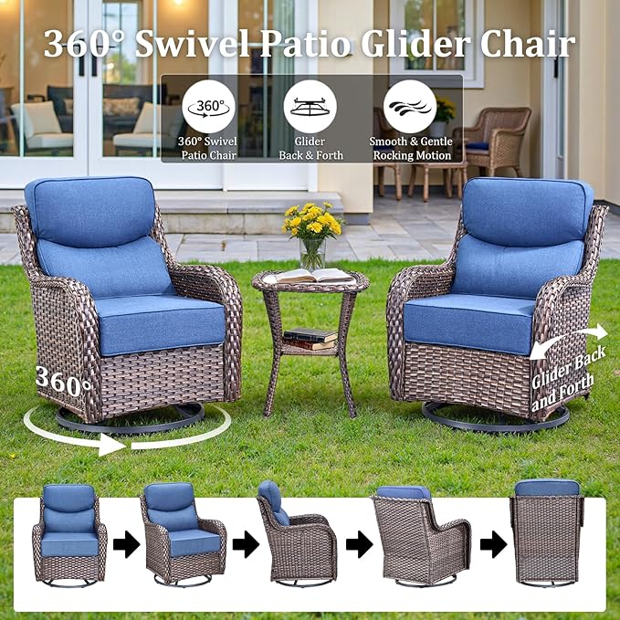 Luxury Outdoor Swivel Rocker Patio Chairs Set of 5, High Back Swivel Patio Chairs with Side Table & 6-Inch Cushions, Ottoman, Wicker Outdoor Bistro Set for Porch, Yard, Deck, Poolside, Brown/Blue