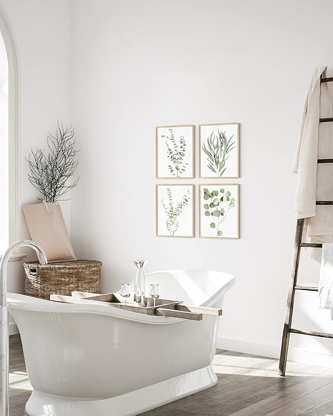 HAUS AND HUES Botanical Plant Wall Art - Set of 4 Prints, Floral Kitchen Decor, Boho Leaf Eucalyptus Wall Art, Green Botanical Poster (Beige Frame, 11x14)