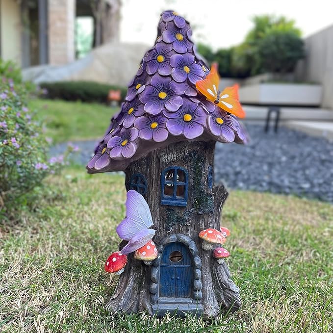 COWOS Mushroom House Statue, Garden Decor Outdoor Solar Statues, Solar Garden Statue Lights, Mushroom Fairy House Figurine, Memorial, Adorable Mushroom and Flowers, Garden Decor