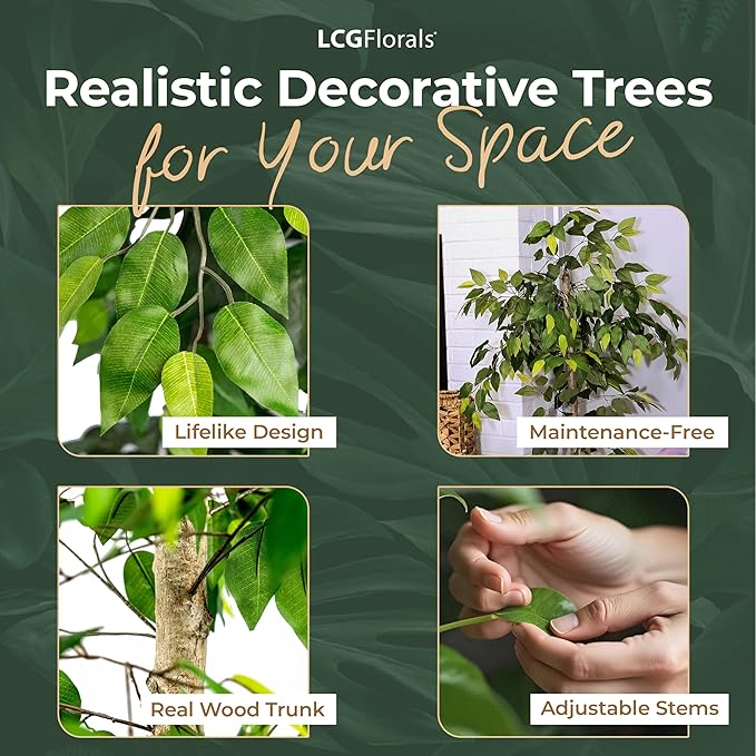 LCG Florals 4ft Ficus Tree in Black Pot with Real-Wood Trunk - Indoor and Outdoor Faux Plants for Patio, Living Rooms, Offices & Outdoor Spaces
