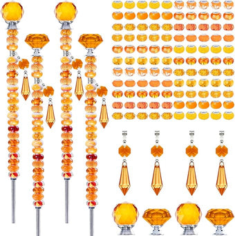 Exway 100 PCS DIY Fairy Wand Beaded Garden Stake Beads Kits with Orange Large Hole Beads 4 Crystal Stopper Top Threaded Rods and 4 Orange Sparkling Crystal Pendants for Outdoor Indoor Decor