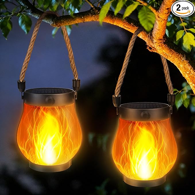 Solar Flame Lantern Hanging Outdoor Waterproof - 2 Pack Flame Lanterns with Dual Charging Modes of Solar & USB for Garden or Yard Christmas Decorations (Warm White - 2 Pack)