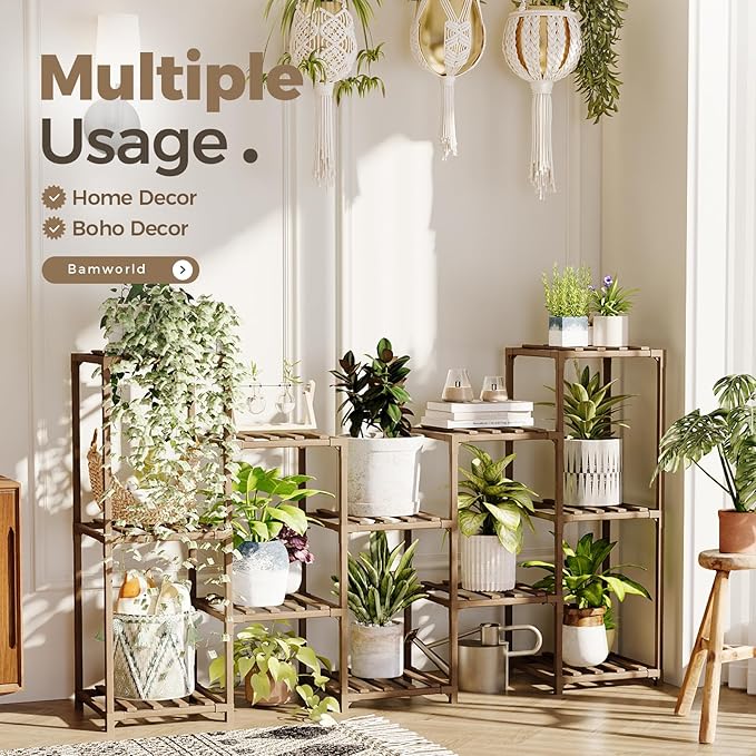 Bamworld Large Plant Shelf Outdoor Wood Plant Stand Large Rack for Living Room Patio, Balcony and Garden