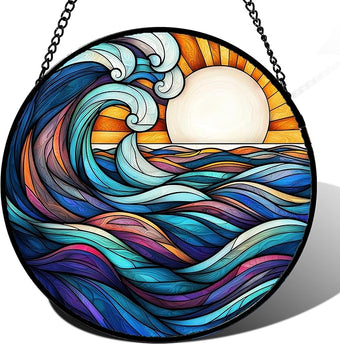 DASTOLL Stained Glass Window Hanging, Big Wave Sun Suncatcher Diamond Glass Panel Hangings Abstract Sun Catchers Decor for Birthday for Women, Men, Wife, Aunt, and Mom 14.9x14.9 in