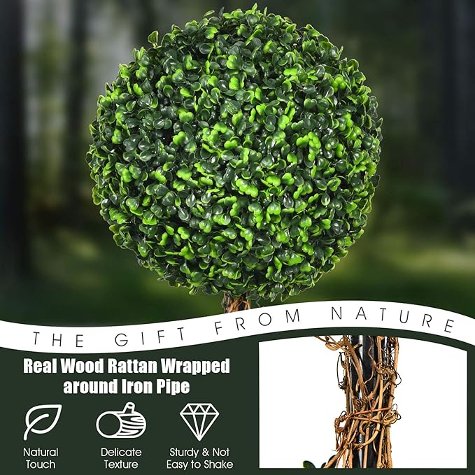 DREAMADE 4ft Topiary Trees Artificial Outdoor, Triple Ball Boxwood Topiary w/Cement-Filled Retro Pot, Fake Plants Shrub Bushes for Home, Office, Porch, Front Door, Entrance, Backyard