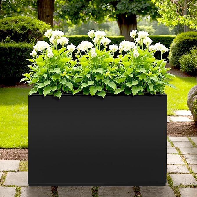 Rectangle Planter for Indoor & Outdoor, Tall and Long Planter Boxes with Drainage Holes, Mental Divider Planter Box All-Weather Use for Plants, Flowers, 35" L x 9" W x 26" H, Black