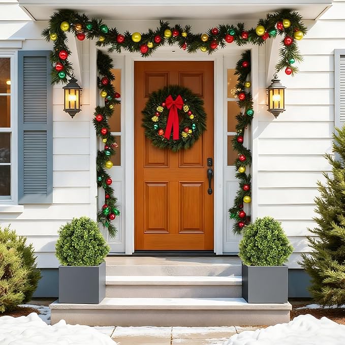 Azoco 27“ Realistic Artificial Boxwood Topiary Trees Set of 2, Faux Plants Outdoor UV-Resistant, Fake Evergreen Bushes & Shrubs for Front Porch Outside Planter Decor