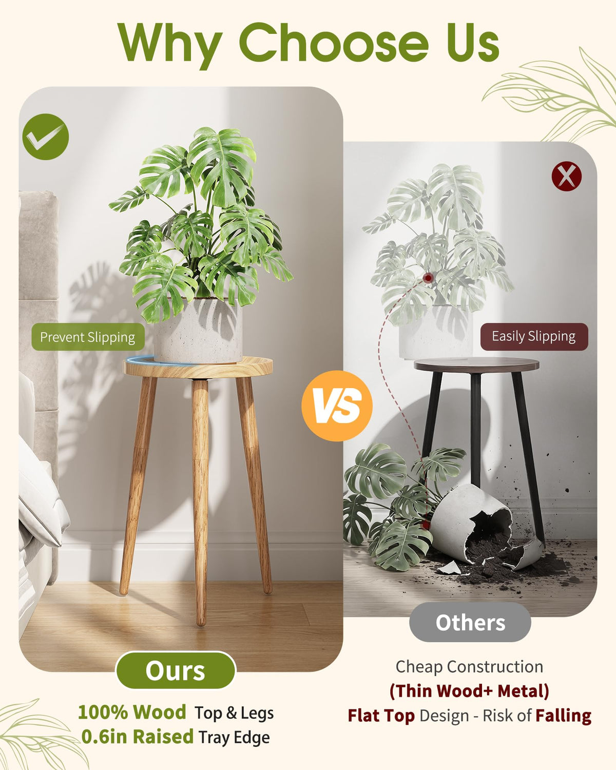 AZADESJET Plant Stand Indoor 2 Pack, Mid Century Wood Indoor Plant Stands, Tall Plant Holder for Flower Pot, Modern Plant Table Round Side End Table With Raised Design, Natural, 11.7"x18.8" & 11.7"x13"