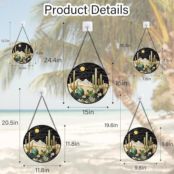 DASTOLL Stained Glass Window Hanging, Black and White Golden Cactus Nature Suncatcher for Doors Window Home Starry Sky Sun Catchers Decor Mother's Day Birthday Gifts for Women, Men Mom 6.3 in