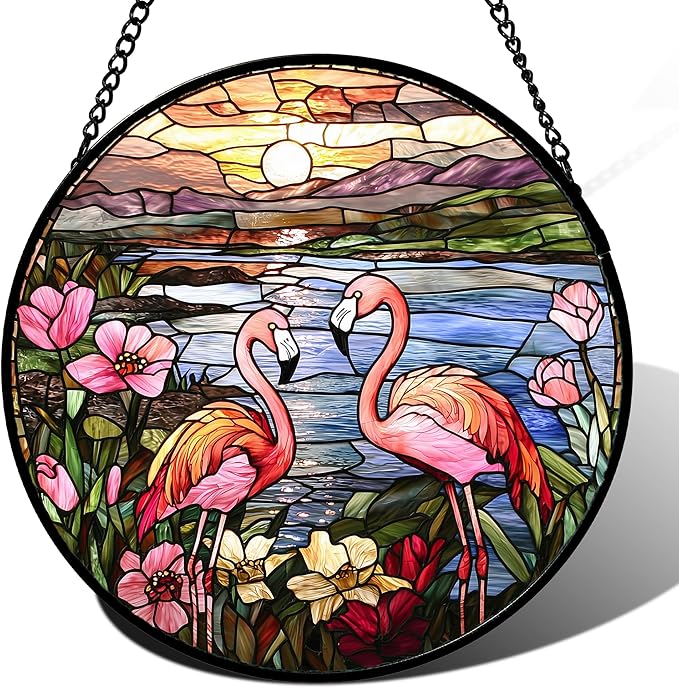 Stained Glass Window Hanging - Flamingo Wildflowers Landscape Suncatcher for Door Terrace Garden Home Decor Sunset Lake Sun Catcher Birthday Gifts for Lovers Women Men Dad Mom Nana 6.3 in