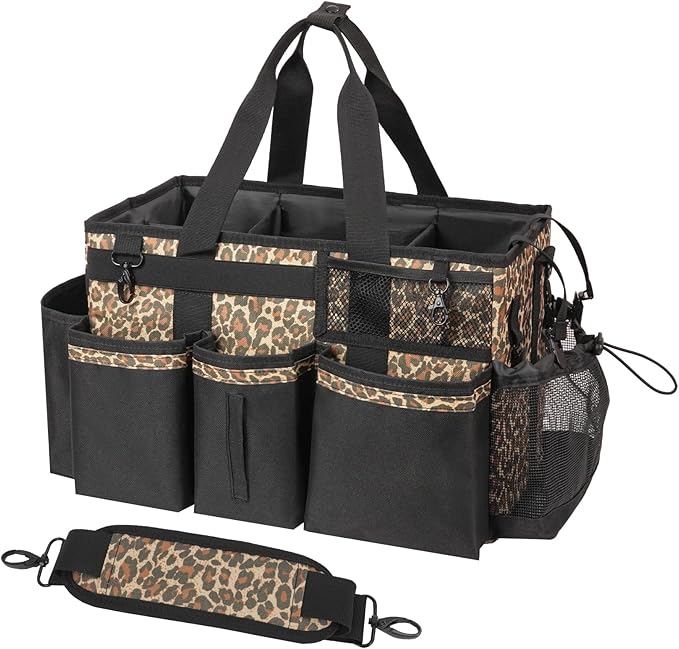 Wearable Cleaning Caddy, Cleaning Caddy Supplies Organizer with Handle & Shoulder Straps for Housekeepers, Under Sink & Car Cleaning Tool Organizers Bag with 4 Foldable Divider (Leopard)