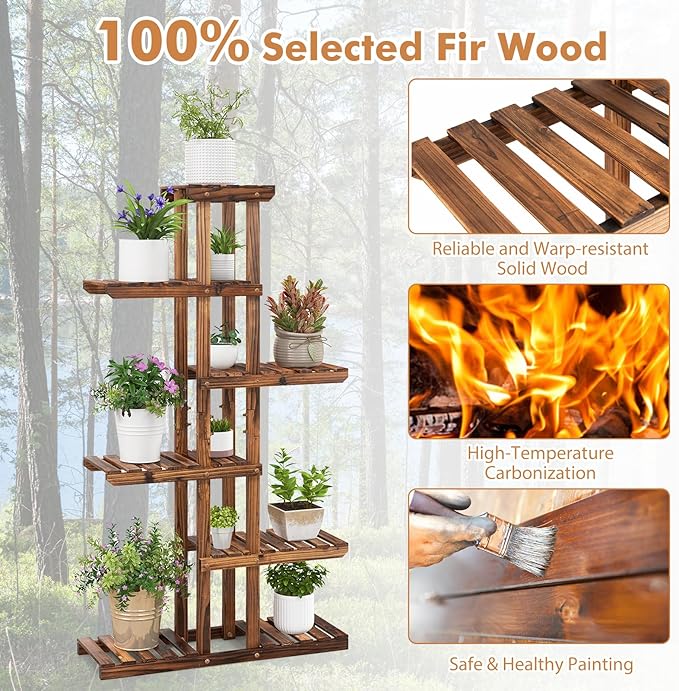 COSTWAY 6-Tier Multifunctional Wood Flower Stand, Shelf Holder for Multiple Plants, Freestanding Plant Rack for Garden, Patio, Balcony, Living Room, Indoor, Outdoor (29.5''x10''x55.5'')