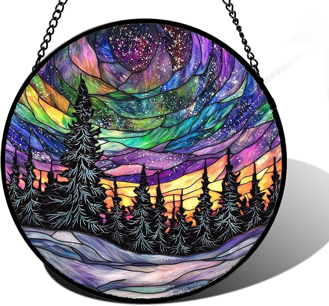 Stained Glass Window Hanging, Van Gogh Night Scene Sun Catchers Colorful Glass Panel Starry Sky Suncatcher Decor for Birthday for Women, Men, Wife, Aunt, and Mom 6.3 in
