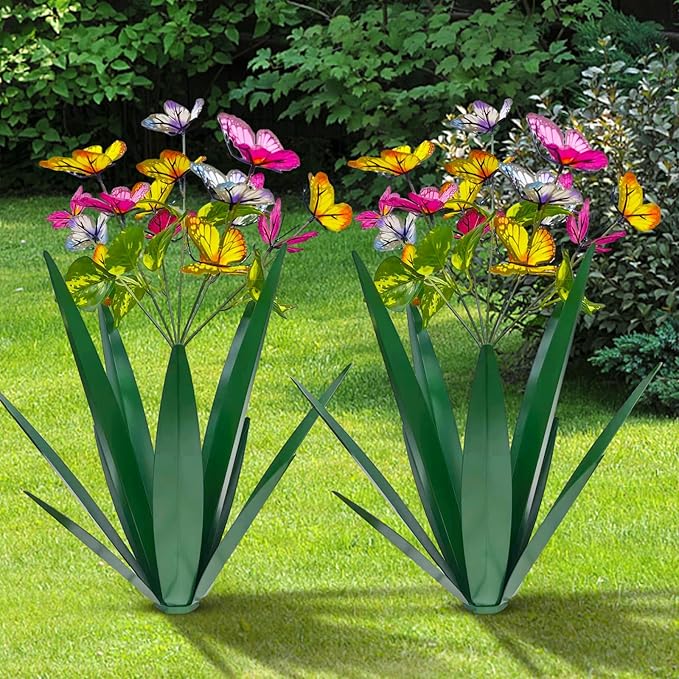 TOMBABY Garden Outdoor Butterfly Enlarge Thickened Wind Resistant Metal Agave Garden Art Metal Plant Country Sculpture Statue Decorations Ornaments Artificial Waterproof Butterflies(Green 2pcs)