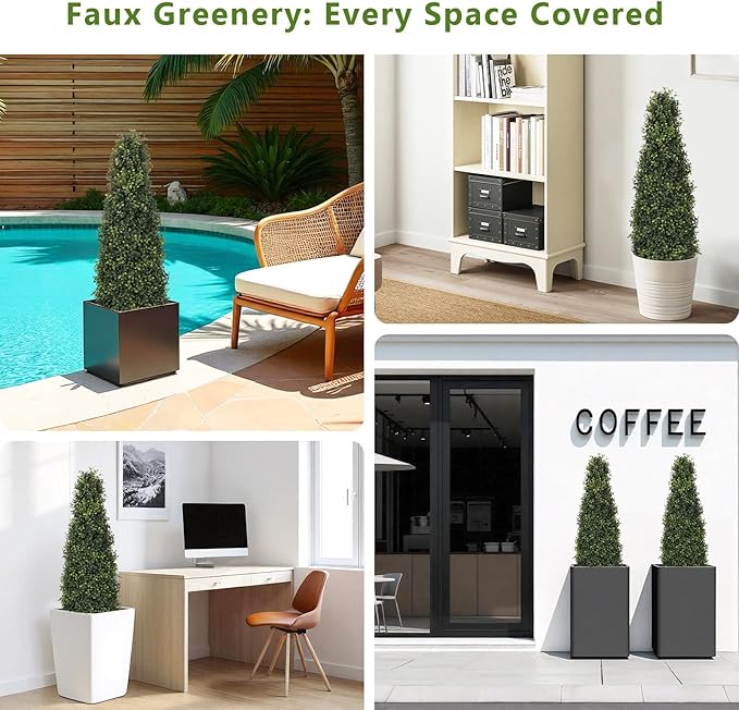 Azoco 4ft Artificial Boxwood Topiary Trees (Set of 2) - UV Resistant Faux Plants Outdoor, Realistic 48in Fake Potted Bushes and Shrubs for Front Porch, Planter, Patio - Low Maintenance & Evergreen
