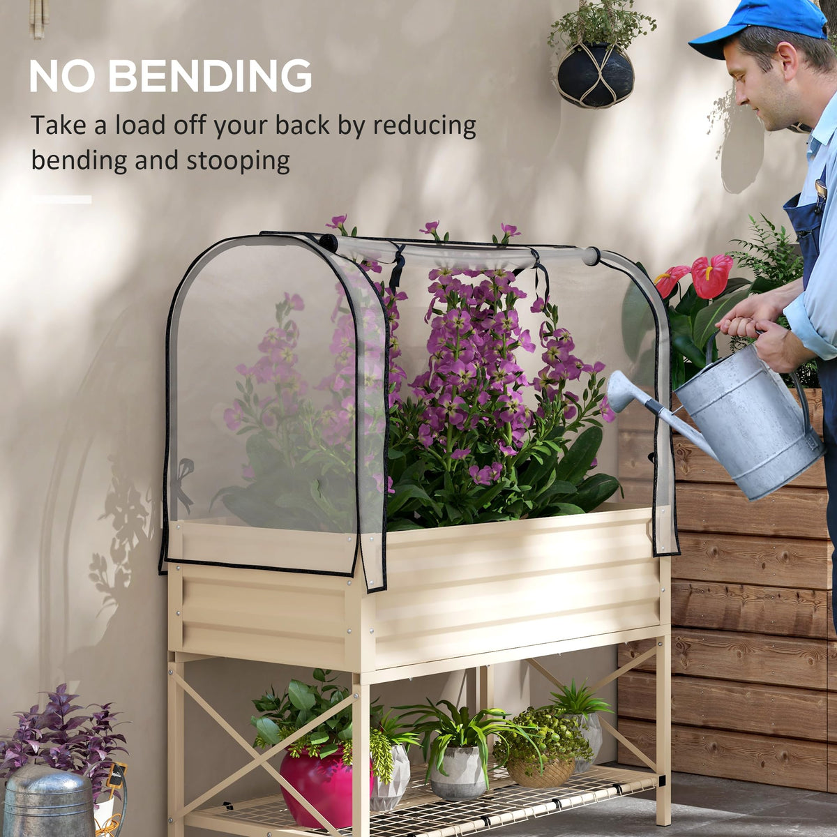 Outsunny Raised Garden Bed with Cover and Storage Shelf, Cream