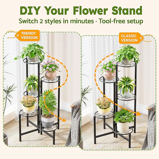 NQW Plant Stand 5 Tier Indoor Metal Flower Shelf for Multiple Plants Corner Tall Flower Holders for Patio Garden Living Room Balcony Bedroom Black Diamond