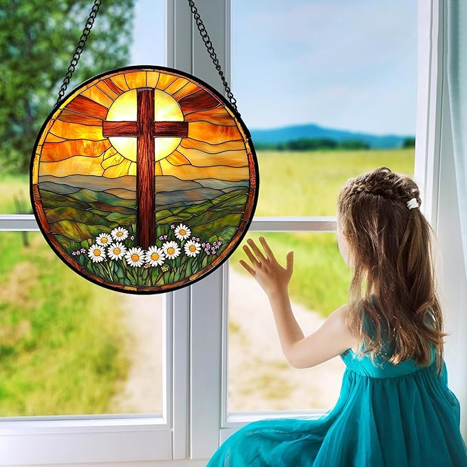 JOSUMALY Christian Gifts for Women - Cross Stained Glass Window Hanging Easter Daisy Natural Landscape Sun Catcher Garden Religion Decor Mother's Day Catholic Gift for Men Grandma Mom Her Nana 9.8"