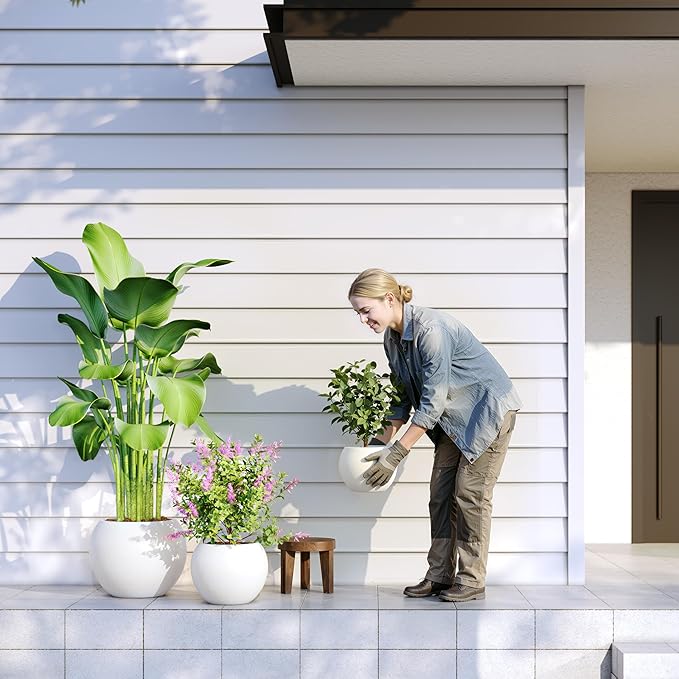 DTY Signature Mount Sherman 12.6''D x 9.8''H Modern Indoor Outdoor Fiberstone Sphere Planter, Durable Round Garden Pot, Weather Resistant, Drainage Hole & Rubber Plug - Small, White