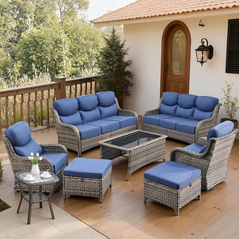 Belord Luxury 6" Thick Cushioned 8 Pieces Patio Furniture Set with Outdoor Couch, Wicker Outdoor Conversation Set with High Back Swivel Rocker Chairs for Deck Porch Yard and Poolside - Grey+Blue